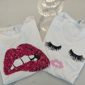 Sequin Lips and Eyelash Graphic T-Shirts - White and Pink